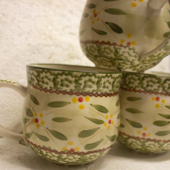Temptations By Tara Coffee Cup Pot Belly Mug Old World Green Set of 3 - Picture 4 of 6